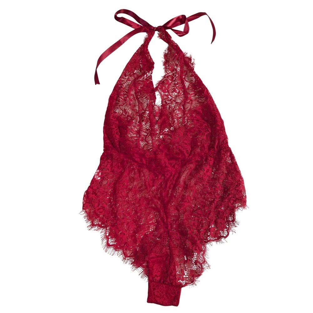 Sheer Lace Halter Teddy Bodysuit Deep V‎ Neck Red Ribbon Tie Size S - Picture 2 of 10